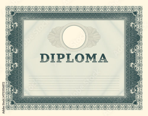 Vector vintage openwork beautiful guilloche patterned blank retro template for diploma, certificate or security document. Protective mesh, round seals and brutal, powerful heavy inscription. Sample