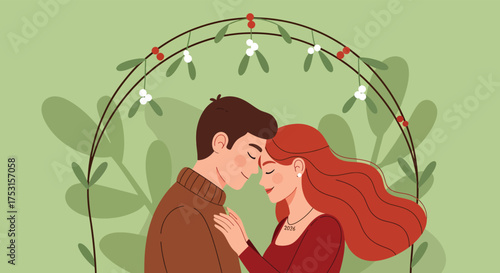 Couple embracing under mistletoe archway sharing a tender moment during the christmas season, expressing love and affection in a festive setting.