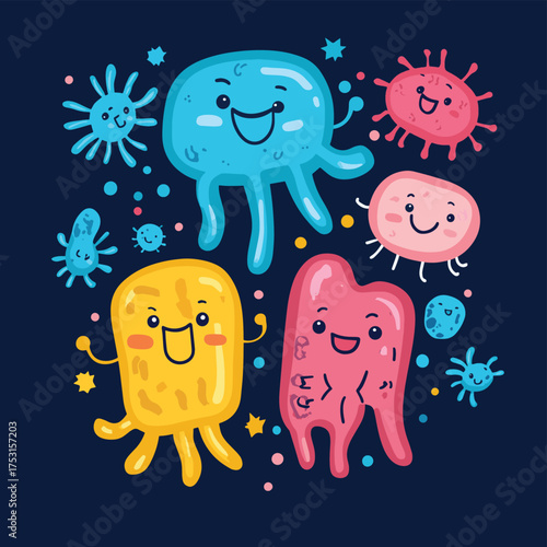 Playful illustration showcasing the human gut microbiome with cute bacterium characters , vector style simple color