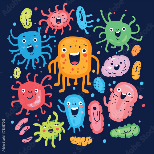Playful illustration showcasing the human gut microbiome with cute bacterium characters , vector style simple color