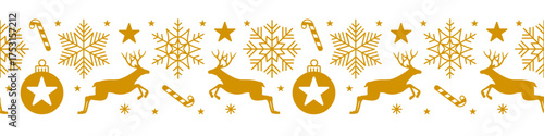 Vector gold decorative christmas horizontal seamless pattern with deer, snowflakes, stars and ornaments