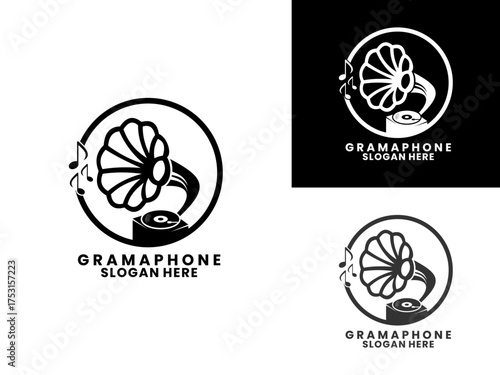 gramophone with circle logo design vector template. Music classic logo design