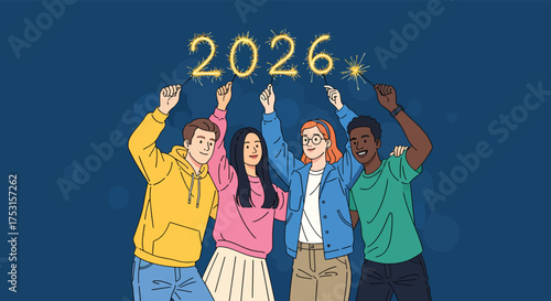 Diverse group of friends celebrating new year 2026 with sparklers against dark blue backdrop, symbolizing joy and anticipation for the future.
