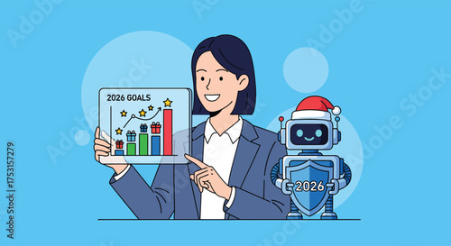 Smiling businesswoman presents 2026 goals on tablet with robot assistant in modern office, showcasing achievement and progress, optimistic and futuristic.