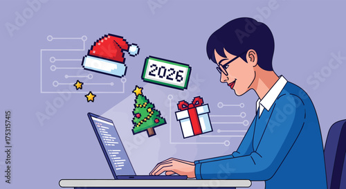 Man coding festive holiday themed elements on laptop at home, preparing for Christmas 2026 with a cheerful and optimistic mood.