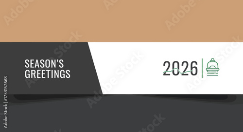 Festive season's greetings displayed with the year 2026 and a bell symbol on a modern, minimalist banner, evoking a sense of holiday cheer and anticipation.