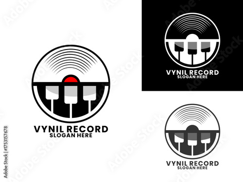 Vinyl record with piano logo design vector template. Vinyl music record logo design