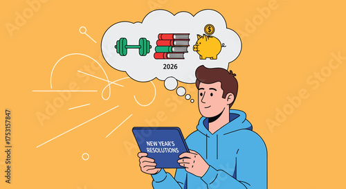 Man holding tablet thinks about new year's resolutions including fitness, saving money, and progress tracking on a bright yellow backdrop.
