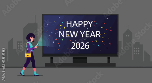 Woman walking past a billboard displaying happy new year 2026 message in a city environment, celebrating the upcoming year with anticipation and excitement.