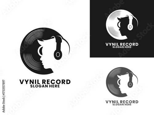 Vinyl music logo design. Black disc combination with person wearing headset logo design vector template