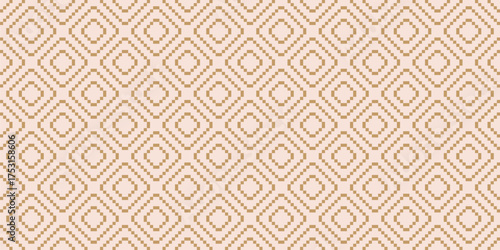 Vector geometric traditional ethnic ornament. Luxury Christmas seamless pattern. Pink and gold winter background, folk motif. Simple texture with squares, embroidery style. Repeated design for textile
