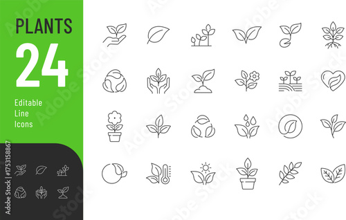Plants Line Editable Icons set. Vector illustration in modern thin style of nature related icons: leaf, twig, potted plant, and more. Isolated on transparent background.