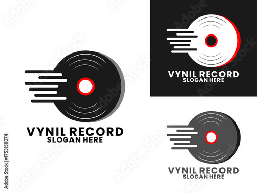 Fast Vinyl record logo design. Black disc flash logo design vector template