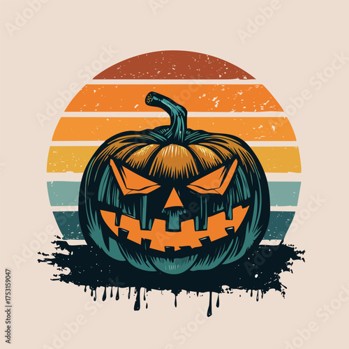 A vintage retro T-shirt design vector featuring a grinning jack-o’-lantern pumpkin s