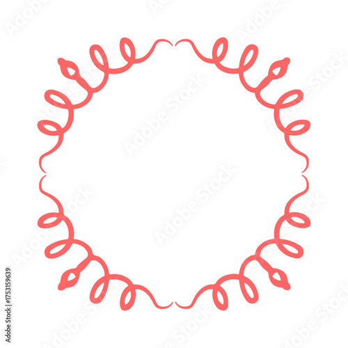 Round decorative frame with a playful curly ribbon design. Pink border isolated on a transparent background. Hand drawn Red Curly Circular Frame Design 
