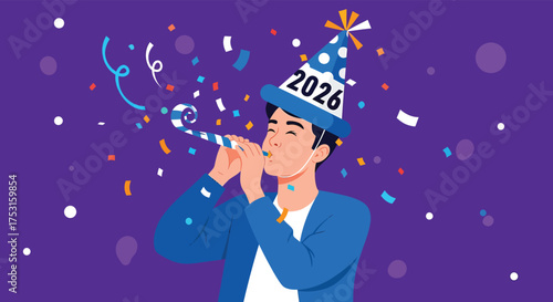 Man celebrating new year 2026 with party horn and confetti on purple backdrop, expressing joy and anticipation for the future.