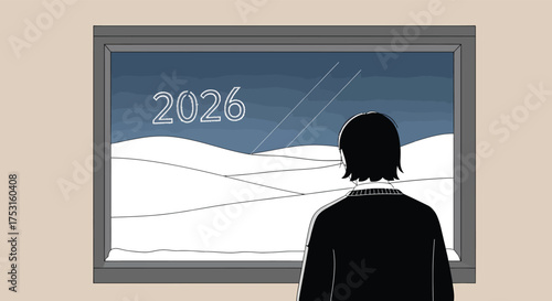 Person looking out window at snowy landscape with '2026' written on the glass, creating a sense of anticipation and reflection on the coming year.