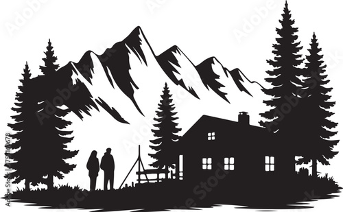 Wooden Log Cabin in Forest with Tall Pines and Mountain Landscape