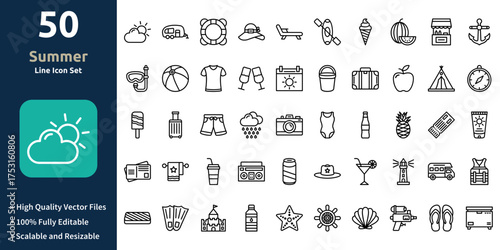 Summer icon set in Outline style. Minimilist and trendy Icon set. Containing Icons,Cloud,Caravan,Lifeguard,Pamela,Deck chair,and so on.