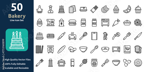 Bakery icon set in Outline style. Minimilist and trendy Icon set. Containing Icons,Apron,Chef,Cake,Biscuit,Butter,Chocolate,and so on.