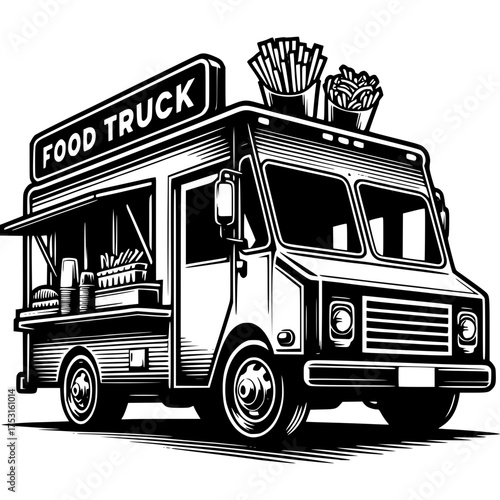 Food Truck: A classic food truck parked and ready for business. Featuring a delightful array of menu items and serving the local community.
