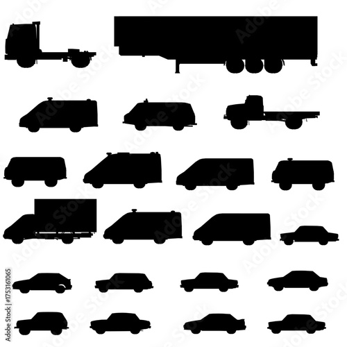 Black silhouette set of various trucks and cars isolated on a clean white background. This collection is ideal for transportation themes and design projects.