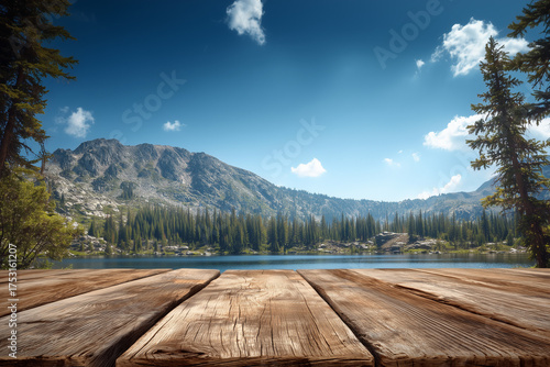 Wooden tabletop set against the backdrop of a lake	