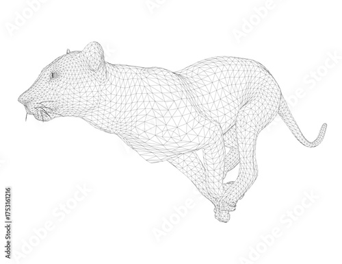 A lioness in motion wireframe model composed of geometric lines and shapes, creating a detailed and realistic representation of the running animal on a white background.