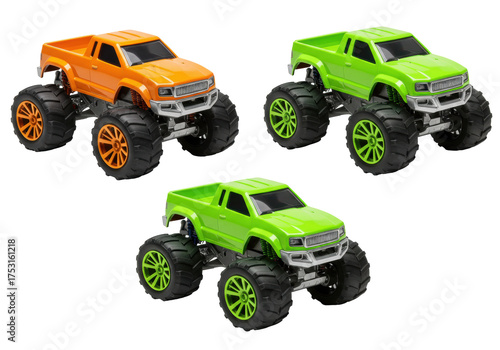 Isolated toy monster trucks with oversized wheels and big tires in vivid bright colors