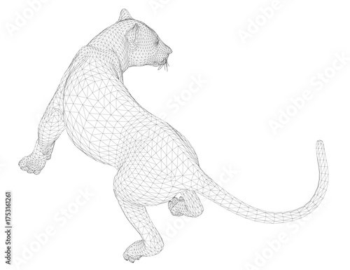 A fierce wireframe panther with wide alert eyes and slightly open mouth stands powerfully on a white background.