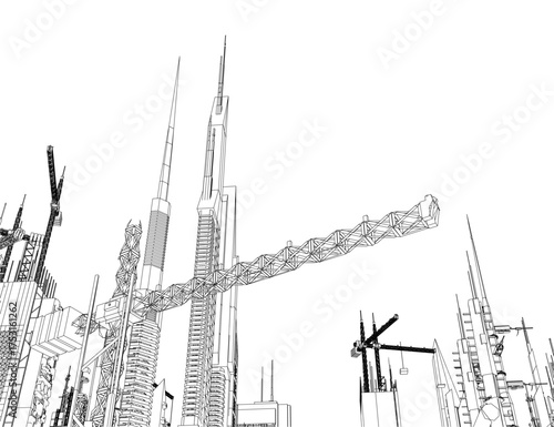 Futuristic city construction site with tall buildings and cranes in black and white contour drawing.