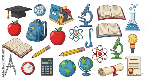 School and education icons showing graduation cap, apple, book, microscope, flask, pencil, globe, and calculator