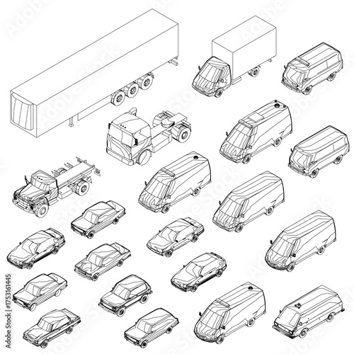 A set of car and truck blueprints in clean white contour outlines. This technical illustration displays various vehicle types with detailed mechanical schematics.