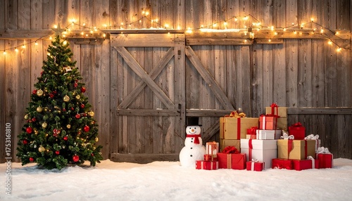 This photograph captures a festive holiday scene featuring a rustic wooden barn with a large, weathered wooden door in the background. A lush, green Christmas tree adorned with red and gold ornaments 