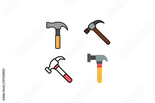 Four colorful hammer illustrations in a simple cartoon style silhouette