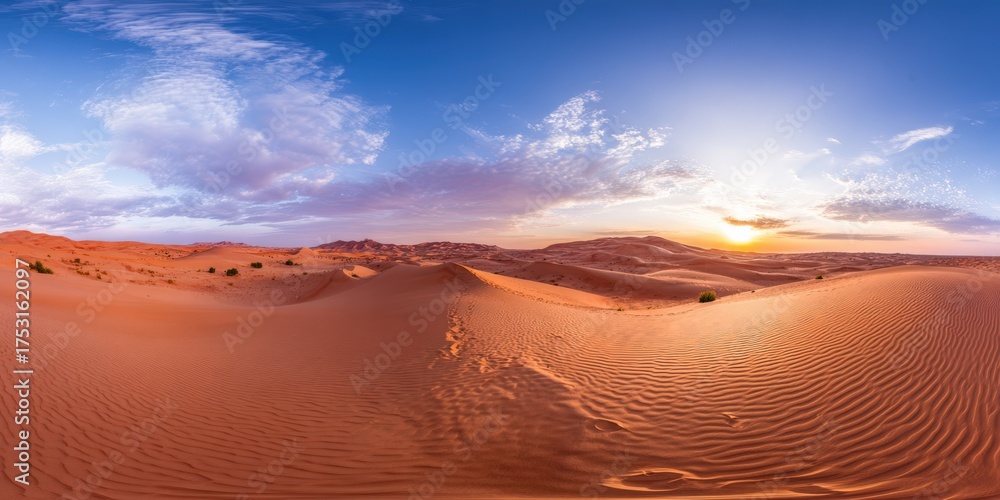 Fototapeta premium Arabian desert landscape with sunset over sand dunes