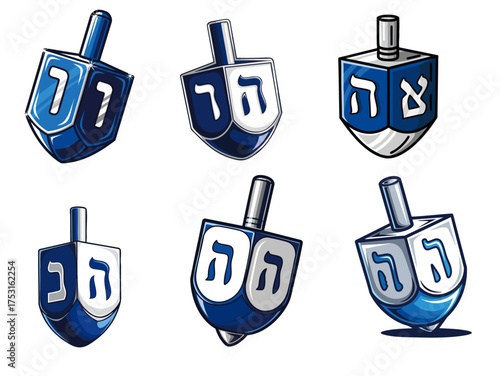 Colorful set of dreidels for Hanukkah celebration featuring six unique designs in blue, depicting Hebrew letters on spinning tops.