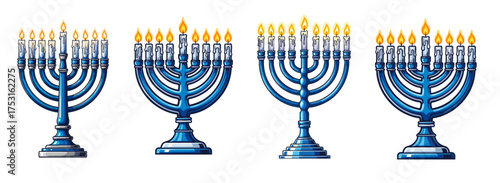 Colorful menorahs with glowing candles for Hanukkah celebration, showcasing various designs and brightness levels. Menorahs symbolize joy and light during Hanukkah festivities,