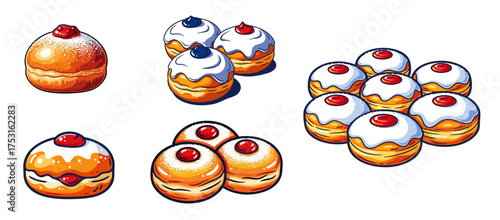 Delightful doughnuts with rich cream filling, topped with cherries and colorful icing. Festive doughnuts served on a bright background showcase delicious flavors perfect for Hanukkah celebrations.