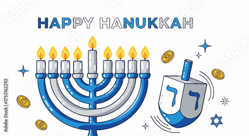 Colorful Hanukkah decorations featuring menorah, dreidel, and golden gelt coins. Hanukkah menorah shines with lit candles beside playful dreidel and chocolate coins.