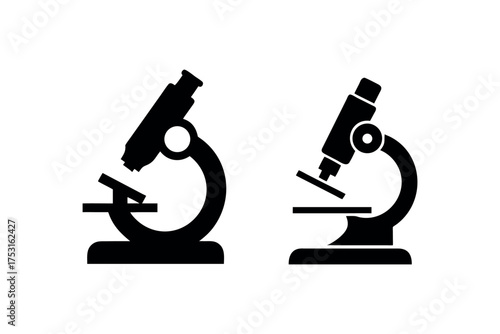 Two black microscope icons shown with a distinct stylistic silhouette