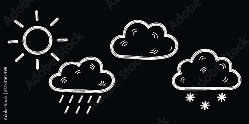 Weather icon set, hand-drawn sun, rain, cloud, and snow symbols in white sketch style on black background for design use