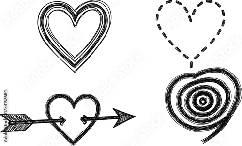 Stylized heart illustrations, broken, dashed, arrow-pierced, and spiral designs in white sketch style on black background for love themes