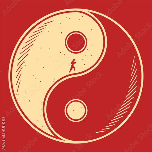 Illustration of a yin yang symbol with a figure walking in the light side against a red background color