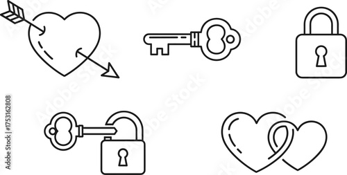 Love and security icons, heart, key, padlock, and arrow in black-and-white sketch style for romance, trust, and design themes