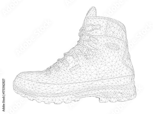 Military boots wireframe with intricate lines and curves on a white background. The detailed outlines create a realistic three-dimensional appearance.