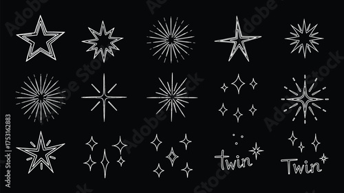 Hand-drawn star illustrations, white celestial symbols on black background, decorative cosmic sketch set for branding, design, and artistic projects
