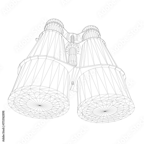 Vintage binoculars in black and white wireframe illustration, featuring detailed lenses and eyepieces on a clean white background.