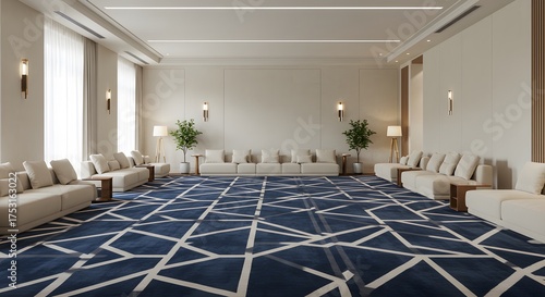 A minimal majlis interior with geometric carpet design