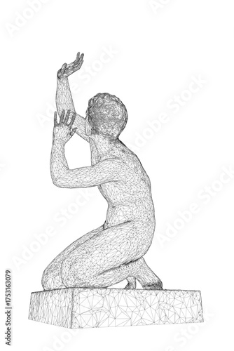 A black and white statue of Ilioneus, a kneeling man with hands raised in a plea for mercy, set against a plain white background. The figure is captured in a moment of deep contemplation.